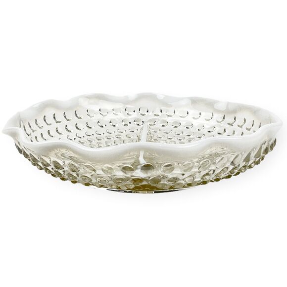 Fenton Hobnail Divided Glass Dish Clear Opalescent Wavy Edge Candy Relish Vtg - Picture 5 of 12